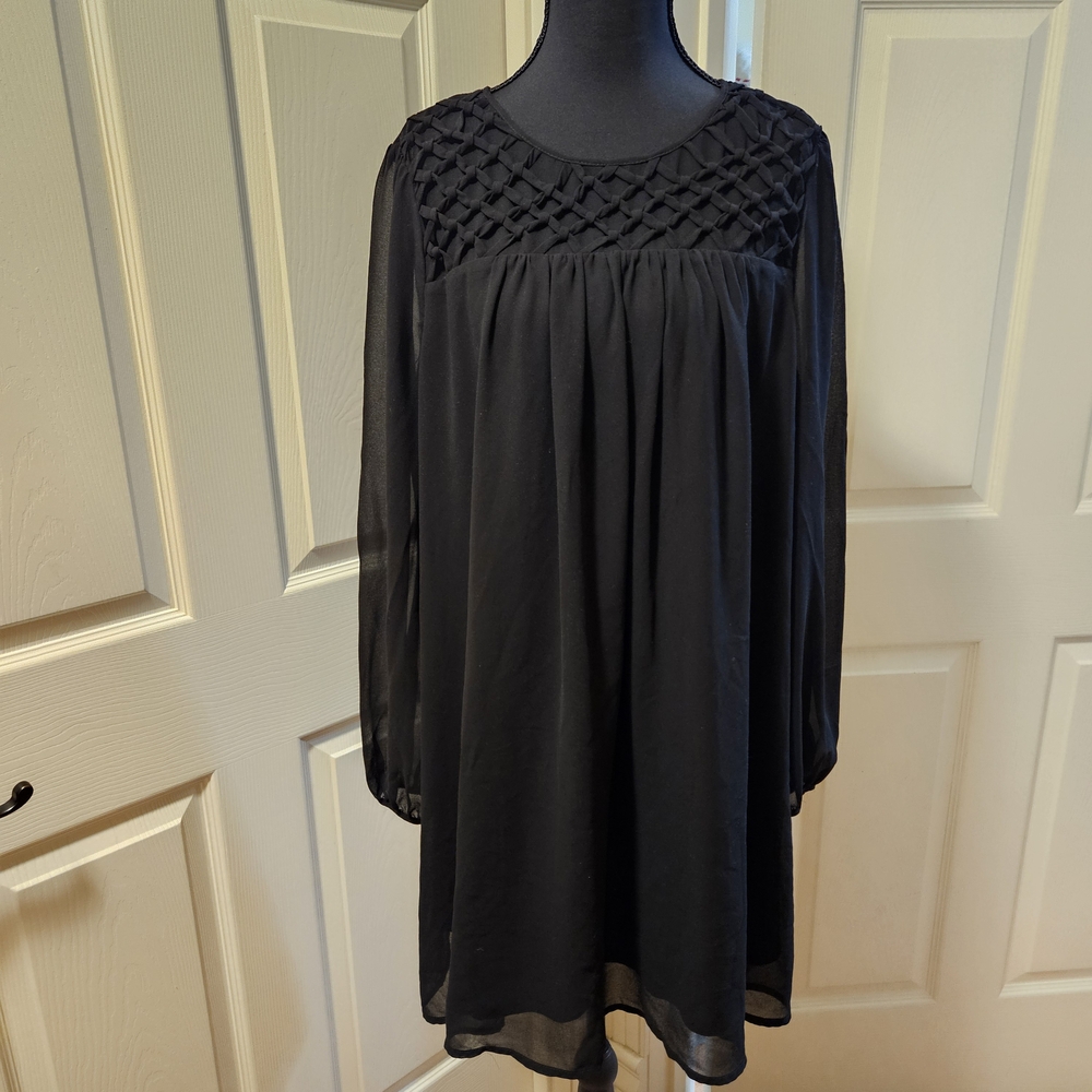 Y2K Fairy Core Crisscross Lattice Black Mini Dress With Sheer Sleeves Size L-XL